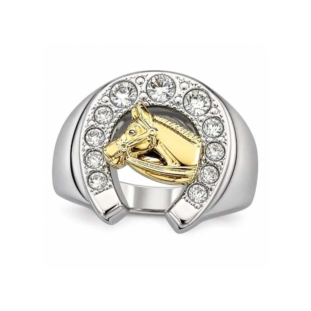 Vintage 1980s Ring Size 7 Horseshoe Horse CZ Two Tone Gold Plated - 14P